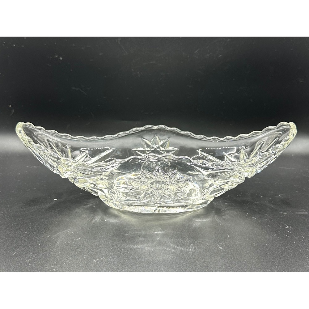 Vintage Pressed Glass Oval Starburst Bowl Scalloped Sawtooth Relish Dish 9in